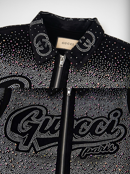 GUCCI 2026FW RETRO LOGO PARIS STRASS EMBELLISHED VELOUR BASEBALL JACKET – 1:1 HIGH END