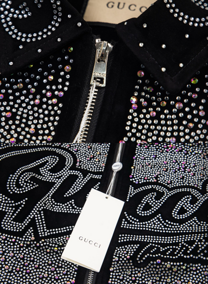 GUCCI 2026FW RETRO LOGO PARIS STRASS EMBELLISHED VELOUR BASEBALL JACKET – 1:1 HIGH END