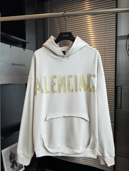 BALENCIAGA 2026FW MASKING TAPE LOGO RIPPED HOODIE – 1:1 HIGH END