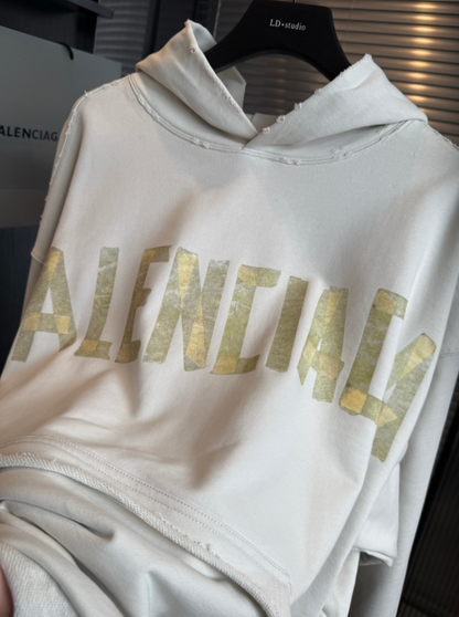 BALENCIAGA 2026FW MASKING TAPE LOGO RIPPED HOODIE – 1:1 HIGH END