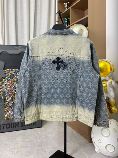 CHROME HEARTS CH ALL-OVER LOGO EMBOSSED GRADIENT DIAMOND DENIM JACKET – 1:1 HIGH END