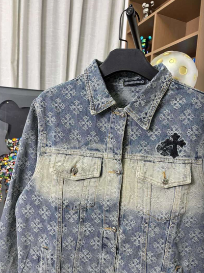 CHROME HEARTS CH ALL-OVER LOGO EMBOSSED GRADIENT DIAMOND DENIM JACKET – 1:1 HIGH END
