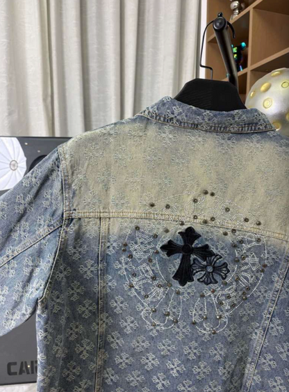 CHROME HEARTS CH ALL-OVER LOGO EMBOSSED GRADIENT DIAMOND DENIM JACKET – 1:1 HIGH END