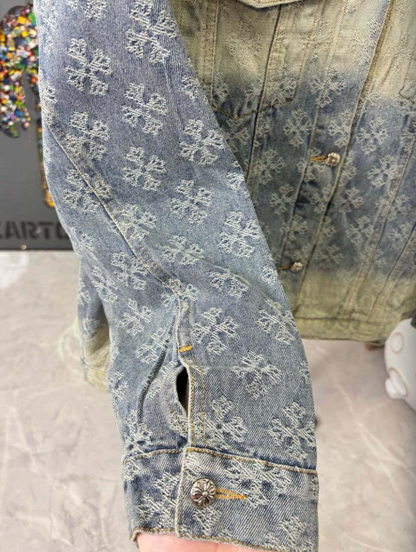 CHROME HEARTS CH ALL-OVER LOGO EMBOSSED GRADIENT DIAMOND DENIM JACKET – 1:1 HIGH END