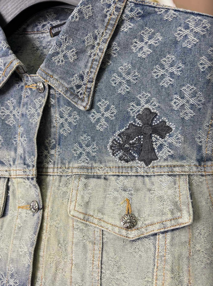 CHROME HEARTS CH ALL-OVER LOGO EMBOSSED GRADIENT DIAMOND DENIM JACKET – 1:1 HIGH END
