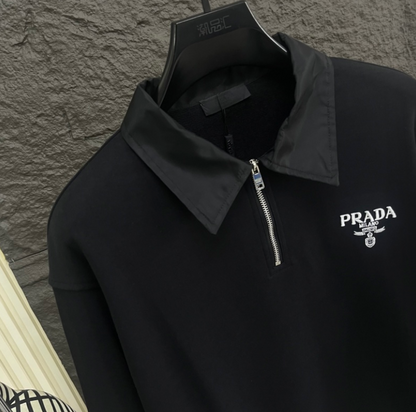 PRADA 2026FW CONTRAST COLLAR HALF-ZIP CARGO POCKET SWEATER – 1:1 HIGH END