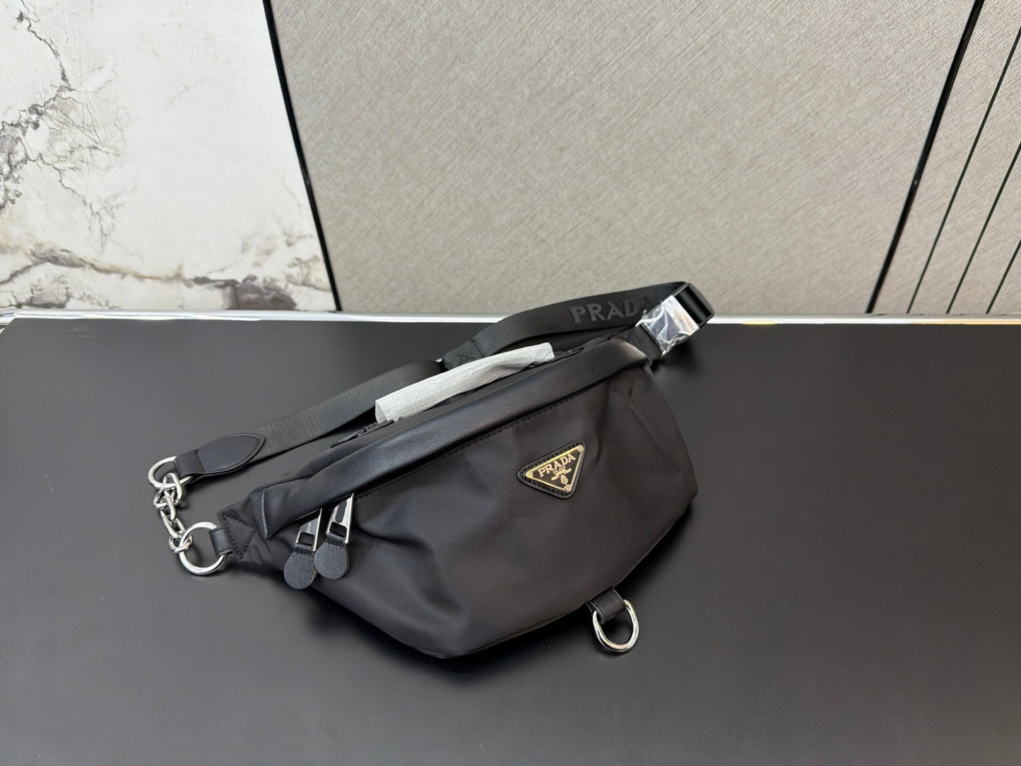 PRADA NYLON AND SAFFIANO LEATHER BELT BAG – SILVER / GOLD LOGO – FULL SET – 1:1 HIGH END