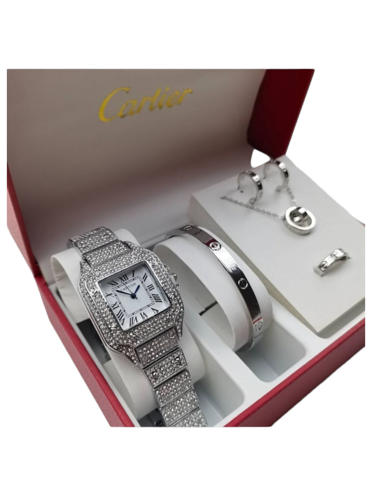 CARTIER SET | ICED OUT WATCH + 2 EARRINGS + BRACELET + NECKLACE | UNISEX