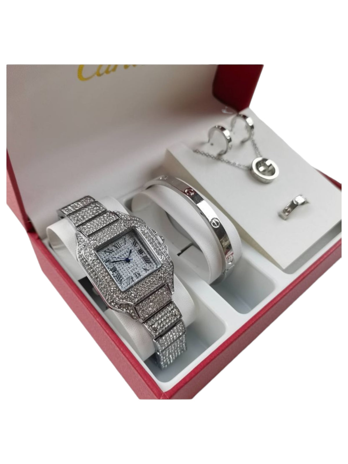 CARTIER SET | ICED OUT WATCH + 2 EARRINGS + BRACELET + NECKLACE | UNISEX