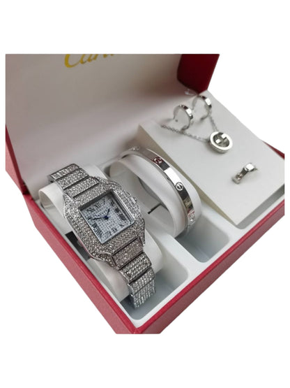 CARTIER SET | ICED OUT WATCH + 2 EARRINGS + BRACELET + NECKLACE | UNISEX