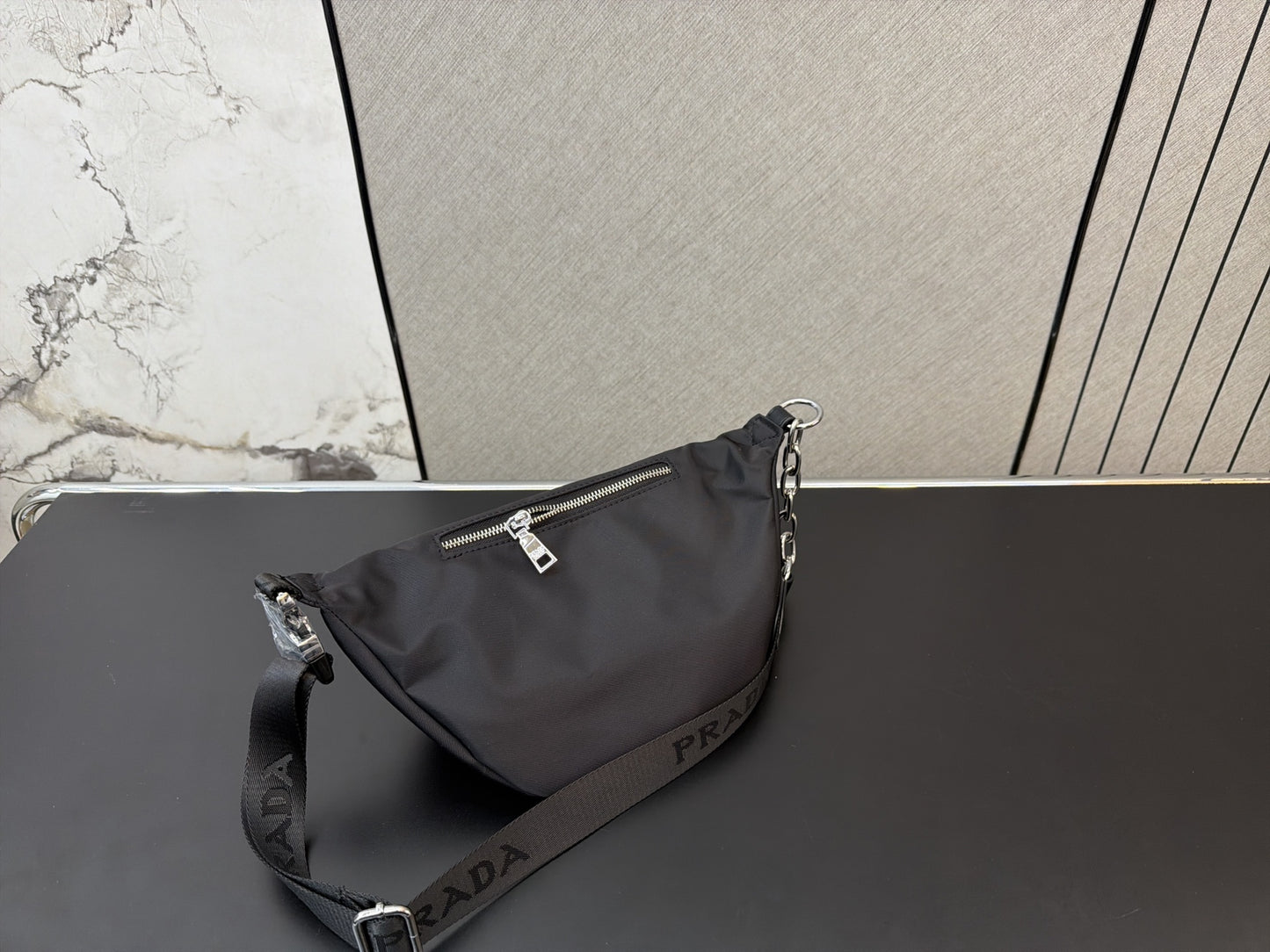 PRADA NYLON AND SAFFIANO LEATHER BELT BAG – SILVER / GOLD LOGO – FULL SET – 1:1 HIGH END