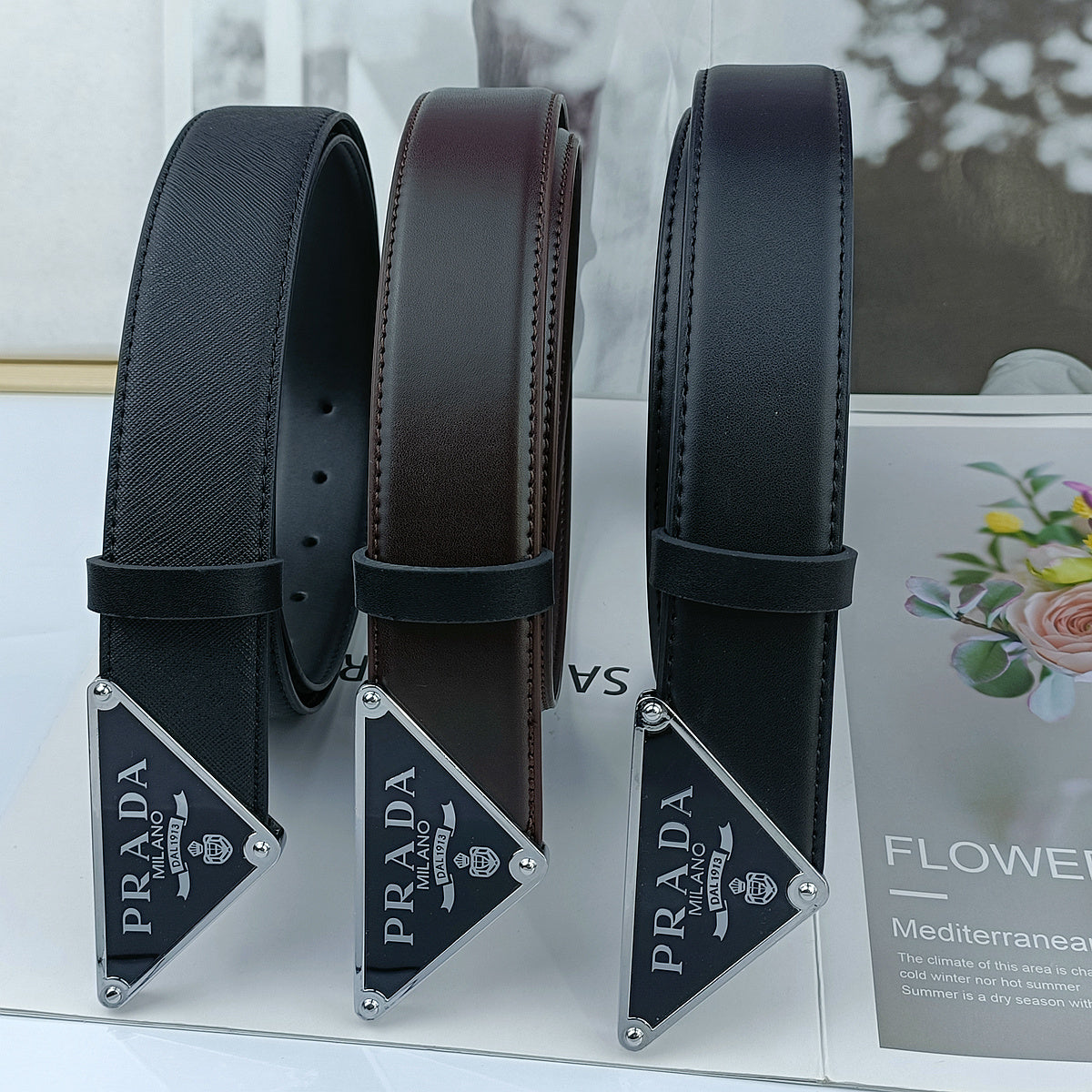 PRADA TRIANGLE LOGO SAFFIANO LEATHER BELT – FULL SET – 1:1 HIGH END