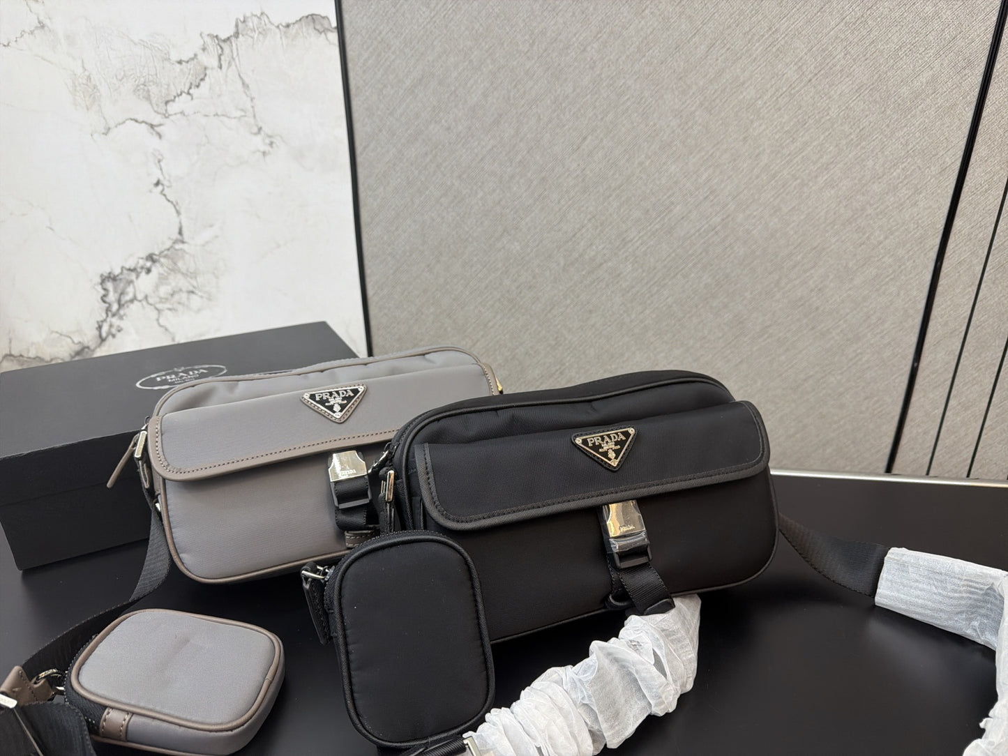 PRADA RE-NYLON LEATHER-TRIMMED SHOULDER BAG – FULL SET – 1:1 HIGH END