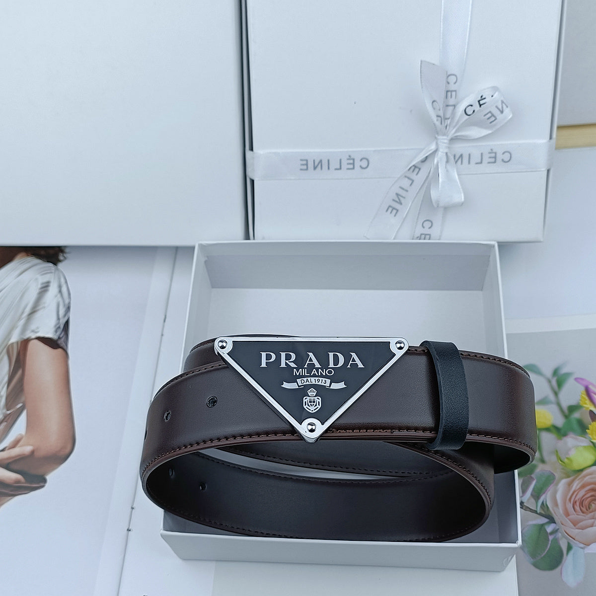 PRADA TRIANGLE LOGO SAFFIANO LEATHER BELT – FULL SET – 1:1 HIGH END