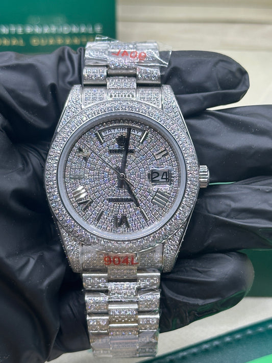 Rolex Day-Date Full Diamond Dial, Bezel and Bracelet with Roman Markers, 40mm White Gold - U1 FACTORY - AUTOMATIK