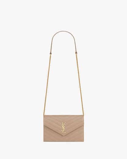 SAINT LAURENT CASSANDRE ENVELOPE CHAIN WALLET IN GRAIN DE POUDRE LEATHER - mit Box – 1:1 HIGH END
