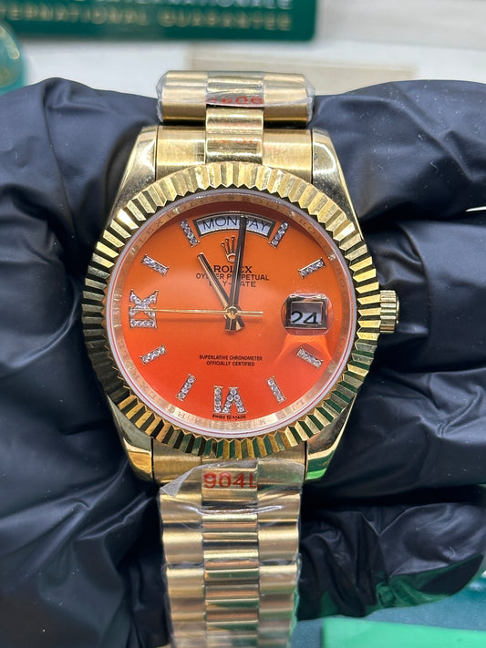 Rolex Day-Date Orange Coral Diamond Dial, 40mm Yellow Gold President - U1 FACTORY - AUTOMATIK