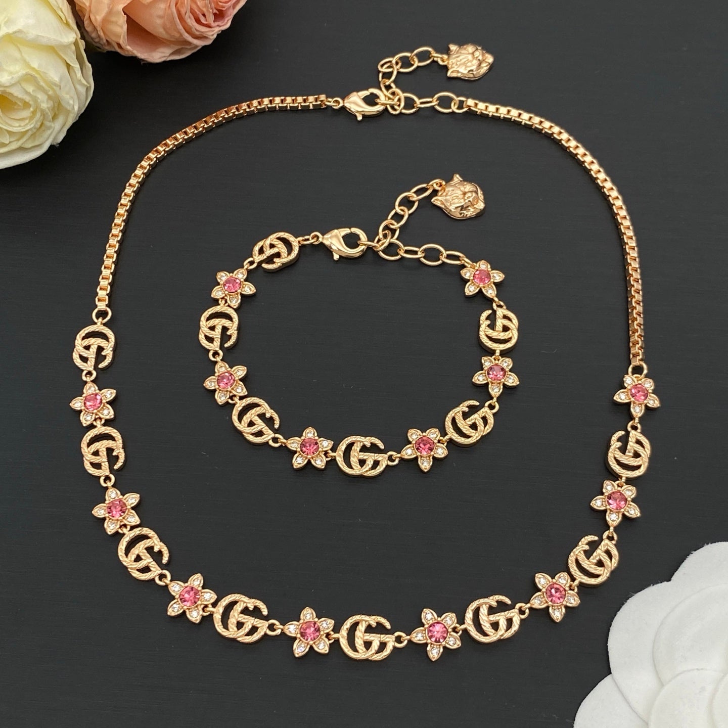 GUCCI GG FLORAL CRYSTAL NECKLACE & BRACELET SET – FULL SET – 1:1 HIGH END