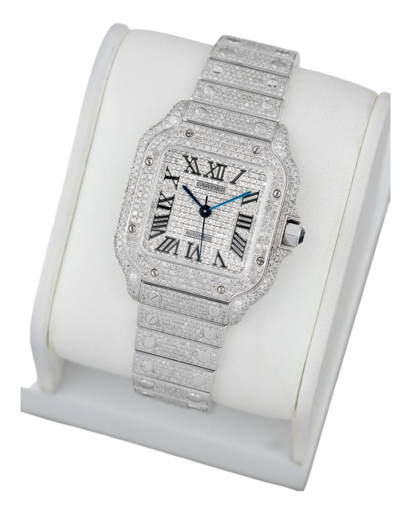 Santos De Cartier WSSA0018 Iced Out – Superclone 1:1 with genuine moissanite diamonds and Roman numerals