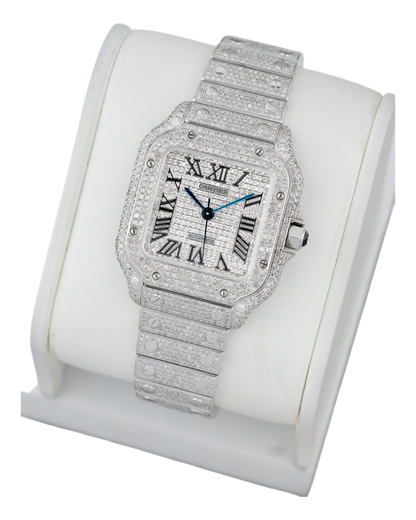 Santos De Cartier WSSA0018 Iced Out – Superclone 1:1 with genuine moissanite diamonds and Roman numerals