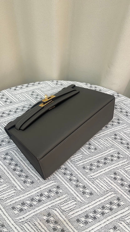 HERMÈS KELLY POCHETTE ARDOISE SWIFT GOLD HARDWARE 22CM  - 1:1 HIGH END