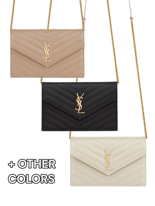 SAINT LAURENT CASSANDRE ENVELOPE CHAIN WALLET IN GRAIN DE POUDRE LEATHER - mit Box – 1:1 HIGH END