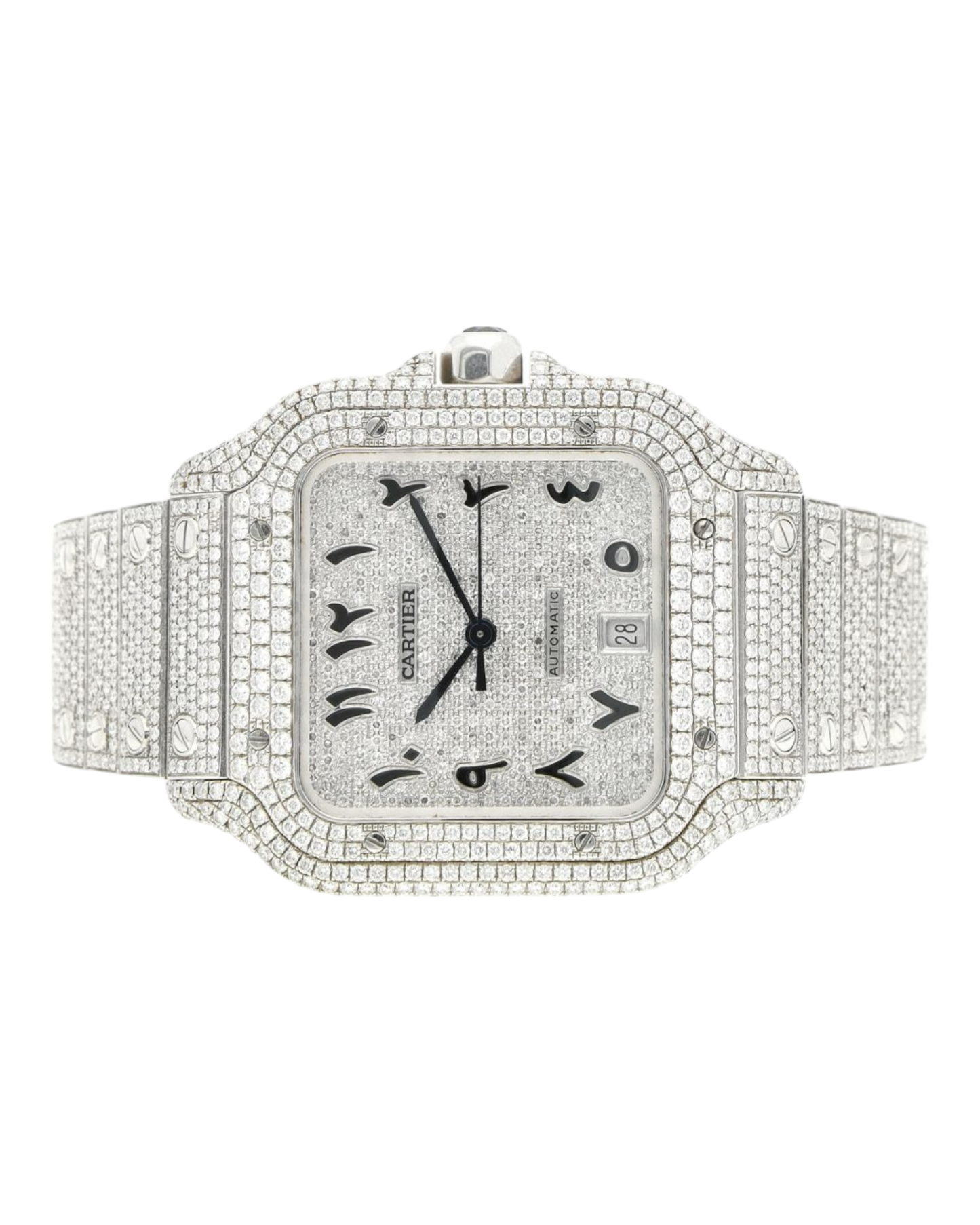Santos De Cartier WSSA0018 Iced Out – Superclone 1:1 with genuine moissanite diamonds and Arabic numerals