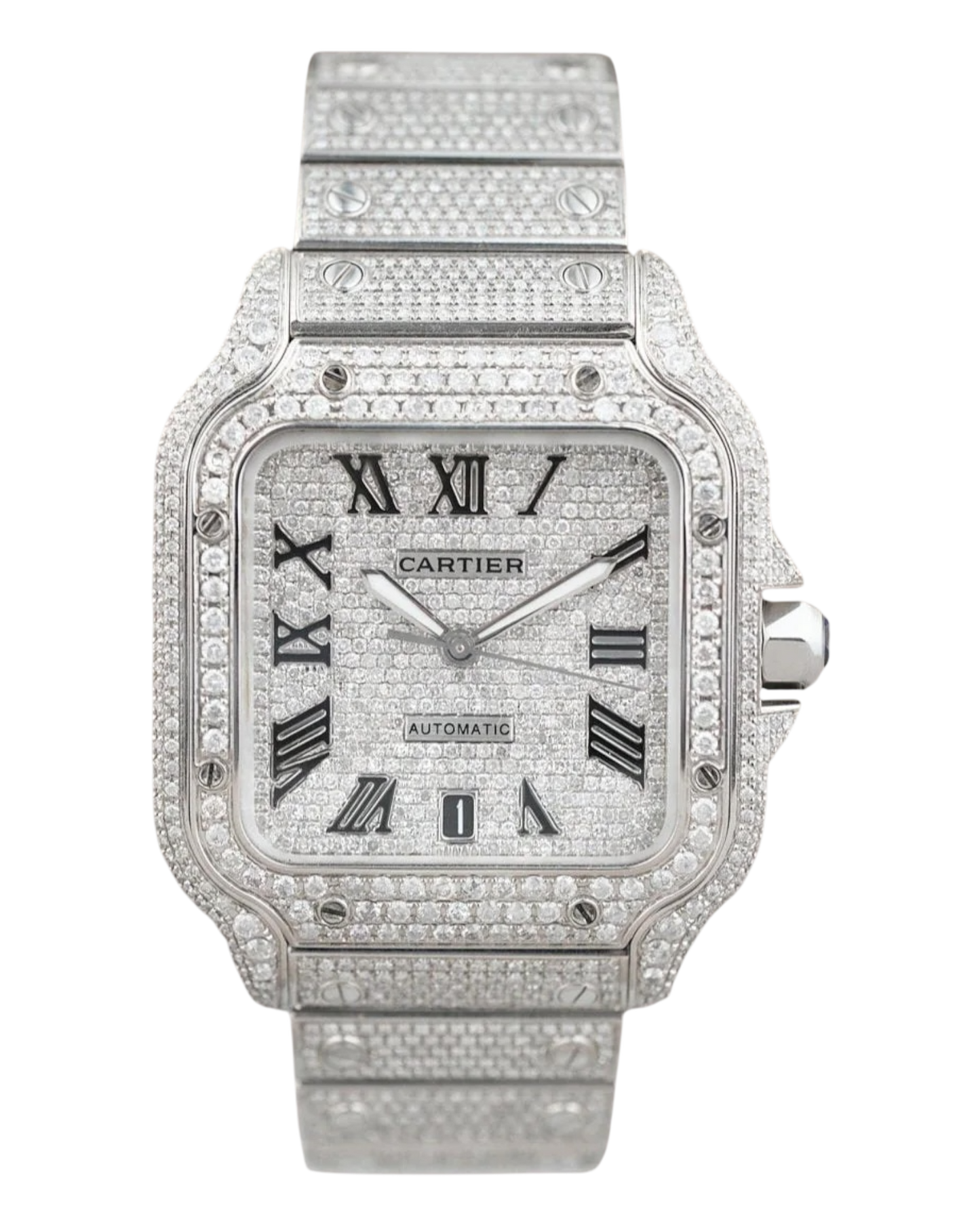 Santos De Cartier WSSA0018 Iced Out – Superclone 1:1 with genuine moissanite diamonds and Roman numerals