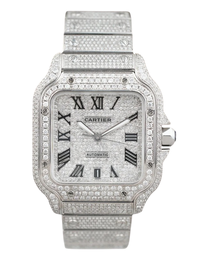 Santos De Cartier WSSA0018 Iced Out – Superclone 1:1 with genuine moissanite diamonds and Roman numerals