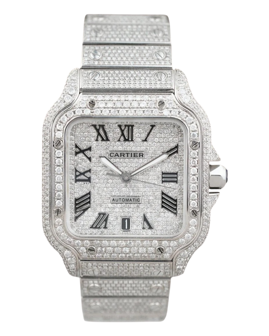 Santos De Cartier WSSA0018 Iced Out – Superclone 1:1 with genuine moissanite diamonds and Roman numerals
