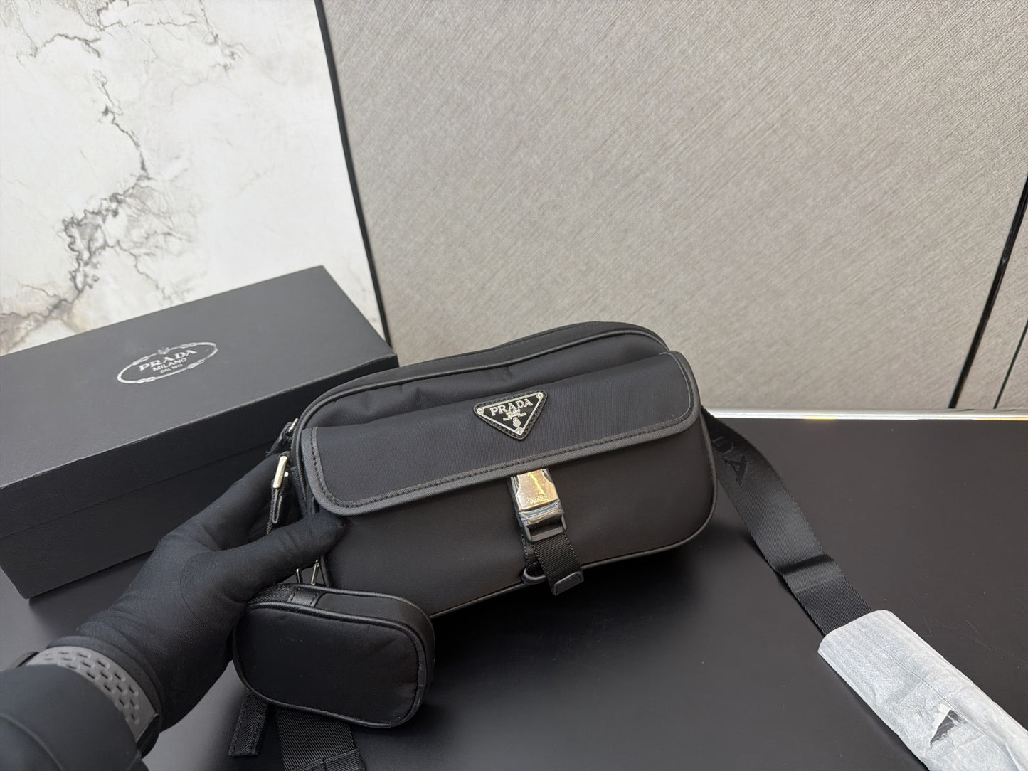 PRADA RE-NYLON LEATHER-TRIMMED SHOULDER BAG – FULL SET – 1:1 HIGH END