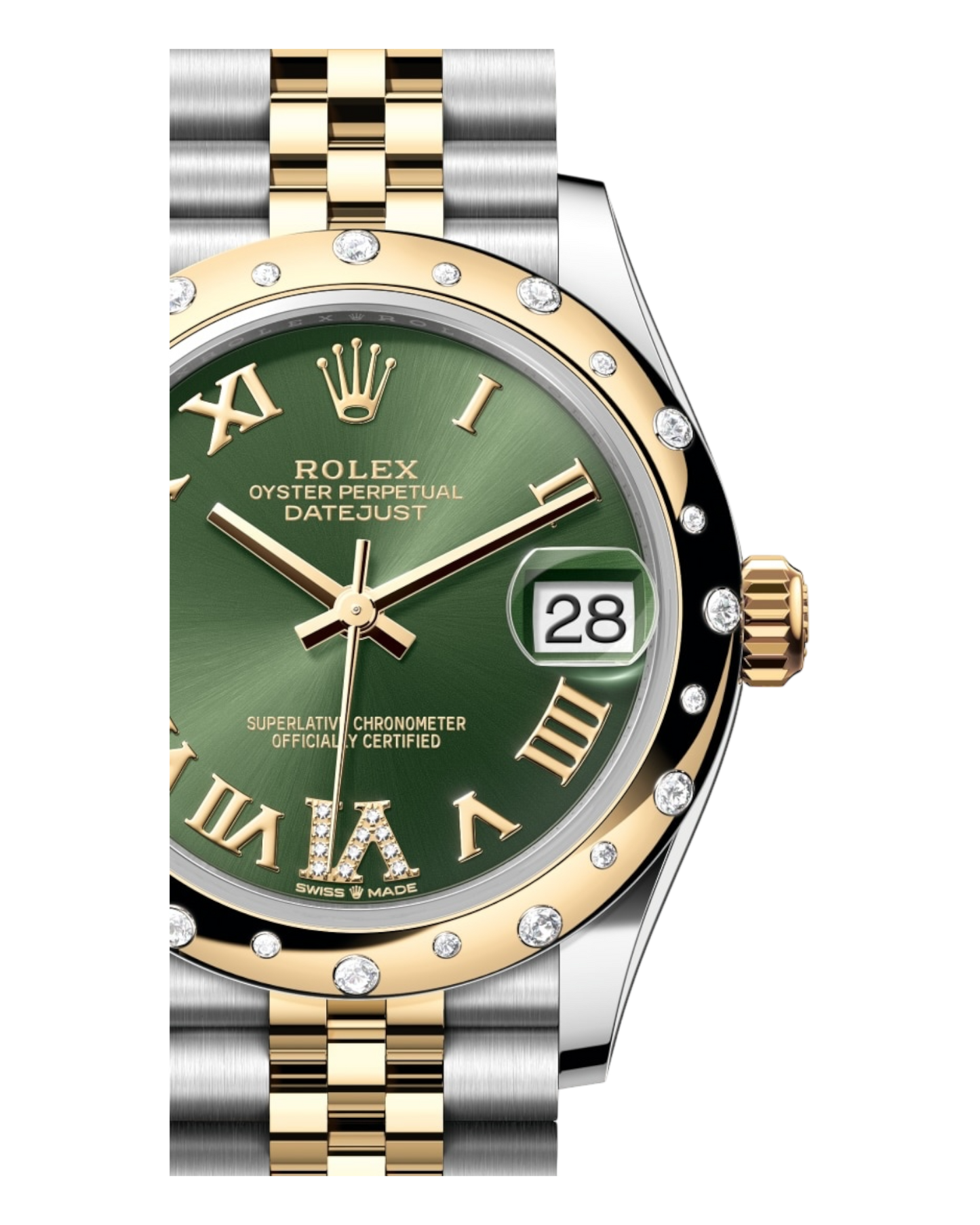 Rolex Datejust Green Dial with Roman & Diamond Markers, Diamond Bezel, 31mm Two-Tone Jubilee - U1 FACTORY - AUTOMATIK