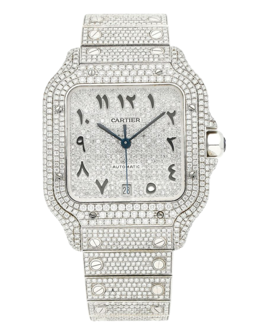 Santos De Cartier WSSA0018 Iced Out – Superclone 1:1 with genuine moissanite diamonds and Arabic numerals
