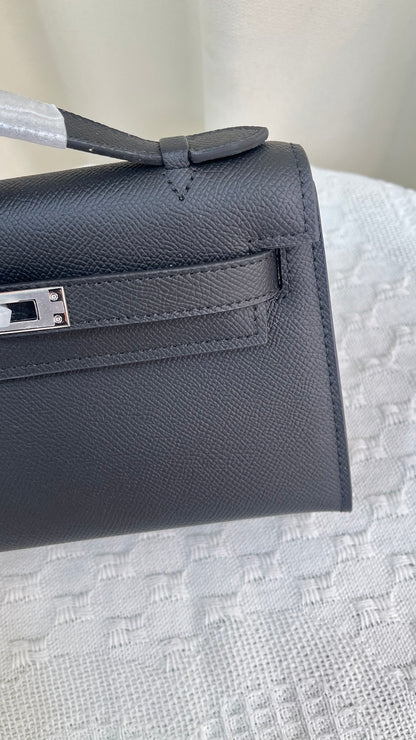 HERMÈS KELLY POCHETTE ARDOISE SWIFT SILVER HARDWARE 22CM  - 1:1 HIGH END