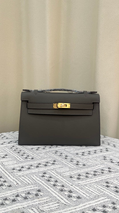 HERMÈS KELLY POCHETTE ARDOISE SWIFT GOLD HARDWARE 22CM  - 1:1 HIGH END