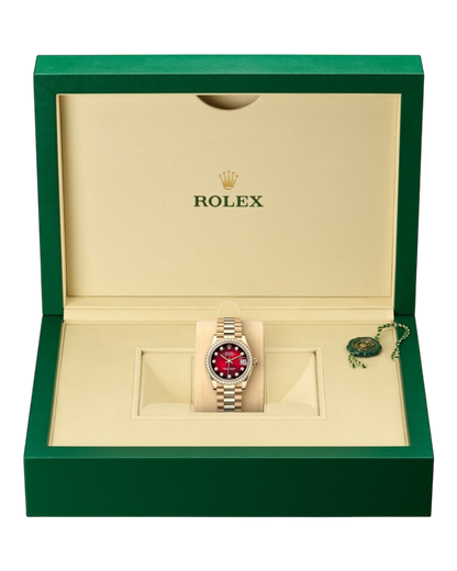 Rolex DATEJUST Red Dial with Diamonds , Diamond Bezel, 31mm Gold President - U1 FACTORY - AUTOMATIK