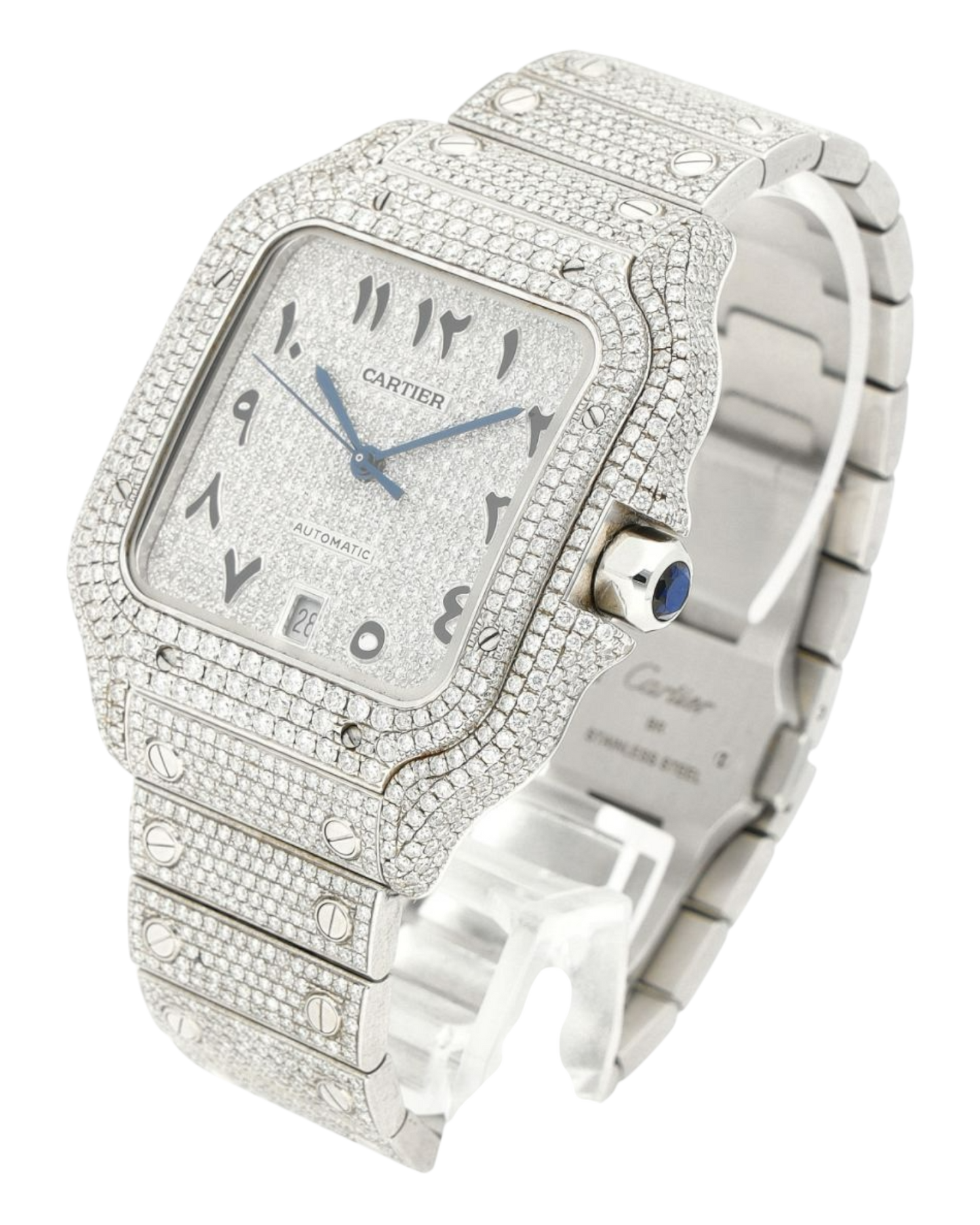 Santos De Cartier WSSA0018 Iced Out – Superclone 1:1 with genuine moissanite diamonds and Arabic numerals