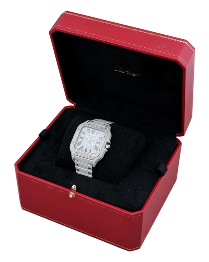 Santos De Cartier WSSA0018 Iced Out – Superclone 1:1 with genuine moissanite diamonds and Roman numerals