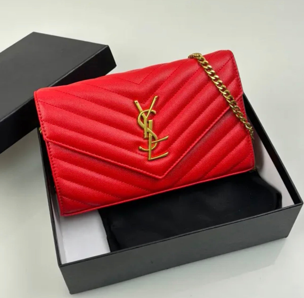 SAINT LAURENT CASSANDRE ENVELOPE CHAIN WALLET IN GRAIN DE POUDRE LEATHER - mit Box – 1:1 HIGH END