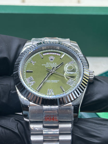 U1 Factory Rolex Day-Date, 40mm Stahl, grünes Zifferblatt mit römischen Ziffern, geriffelte Lünette - Automatik