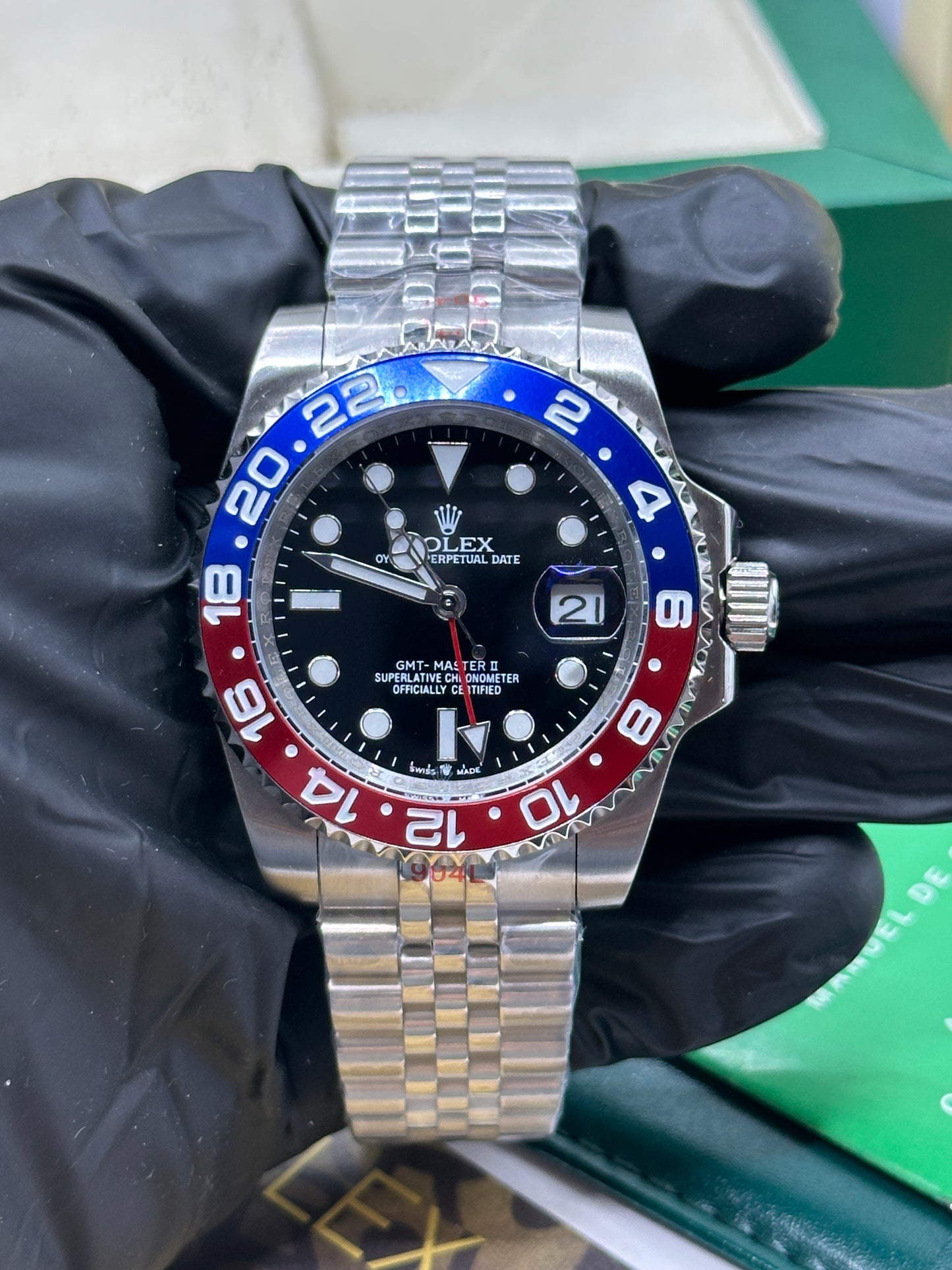 U1 Factory Rolex GMT-Master II "Pepsi", 40mm Stahl, schwarzes Zifferblatt, rot-blaue Keramik-Lünette - Automatik