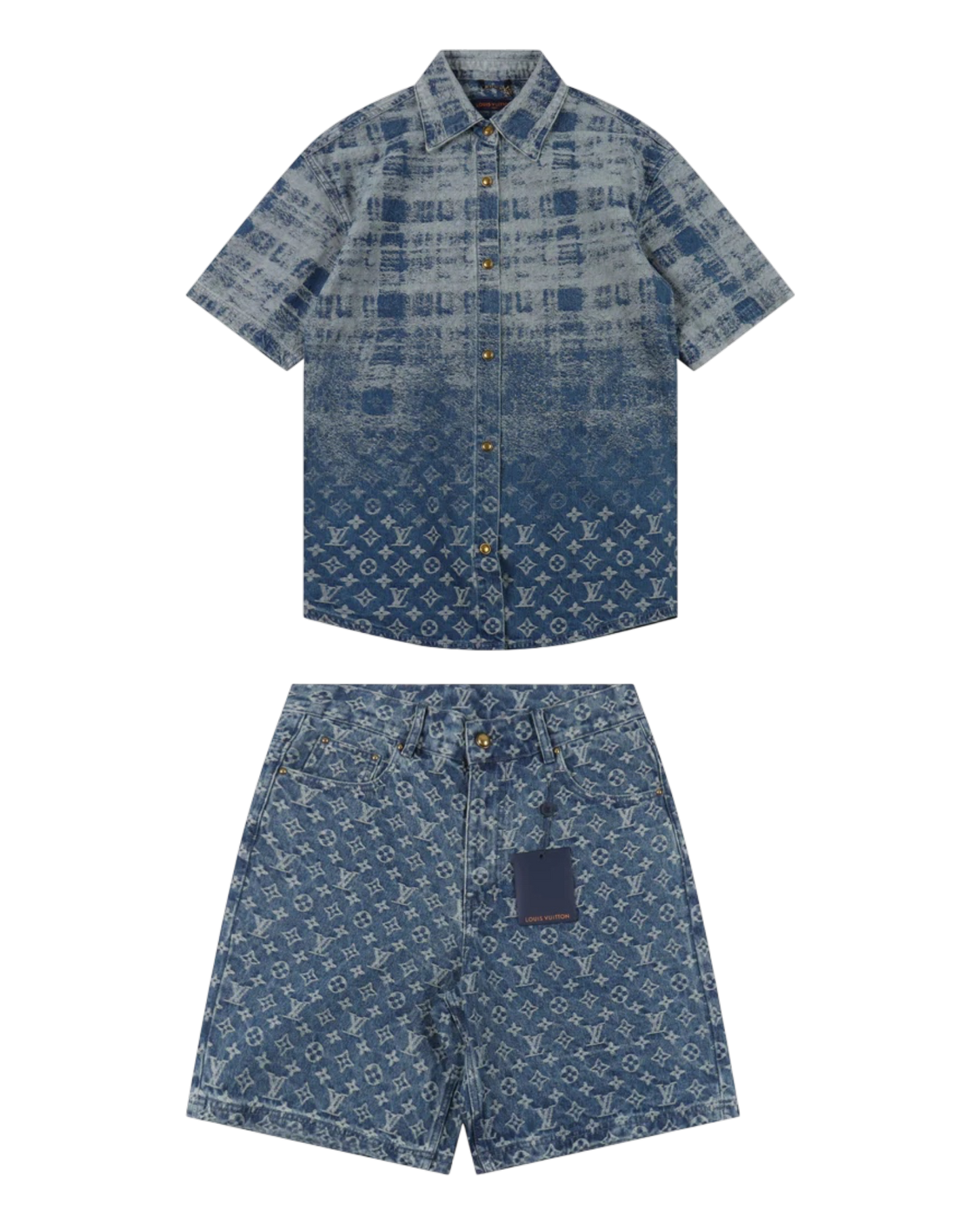LOUIS VUITTON MONOGRAM DENIM SET – Shirt + Shorts – Blue Vintage Wash – 1:1 HIGH END
