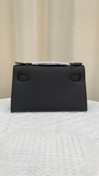 HERMÈS KELLY POCHETTE ARDOISE SWIFT SILVER HARDWARE 22CM  - 1:1 HIGH END