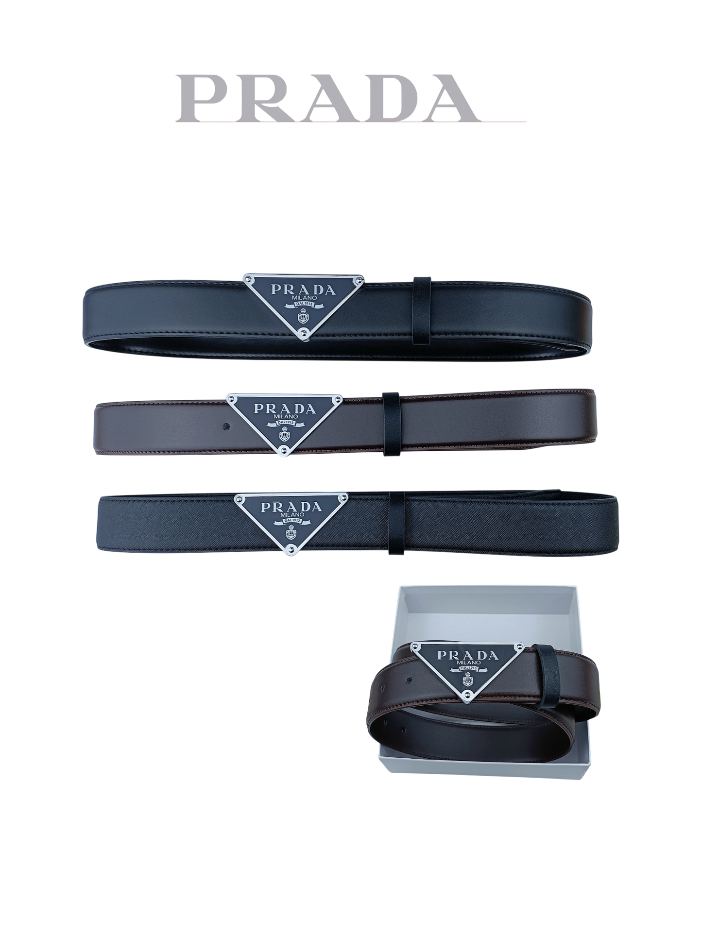 PRADA TRIANGLE LOGO SAFFIANO LEATHER BELT – FULL SET – 1:1 HIGH END