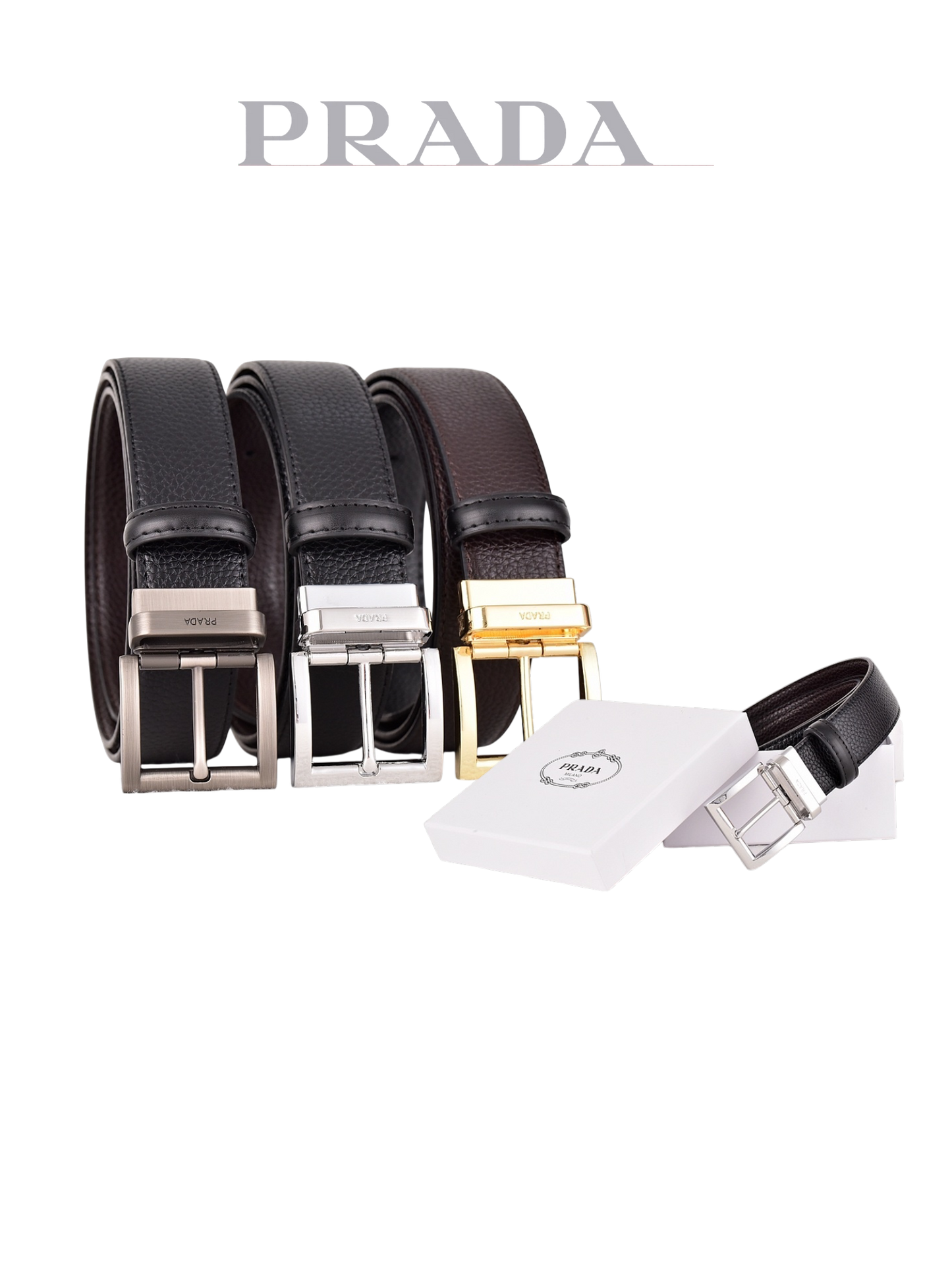 PRADA BUSINESS RETRO PIN BUCKLE LEATHER BELT COLLECTION – FULL SET – 1:1 HIGH END