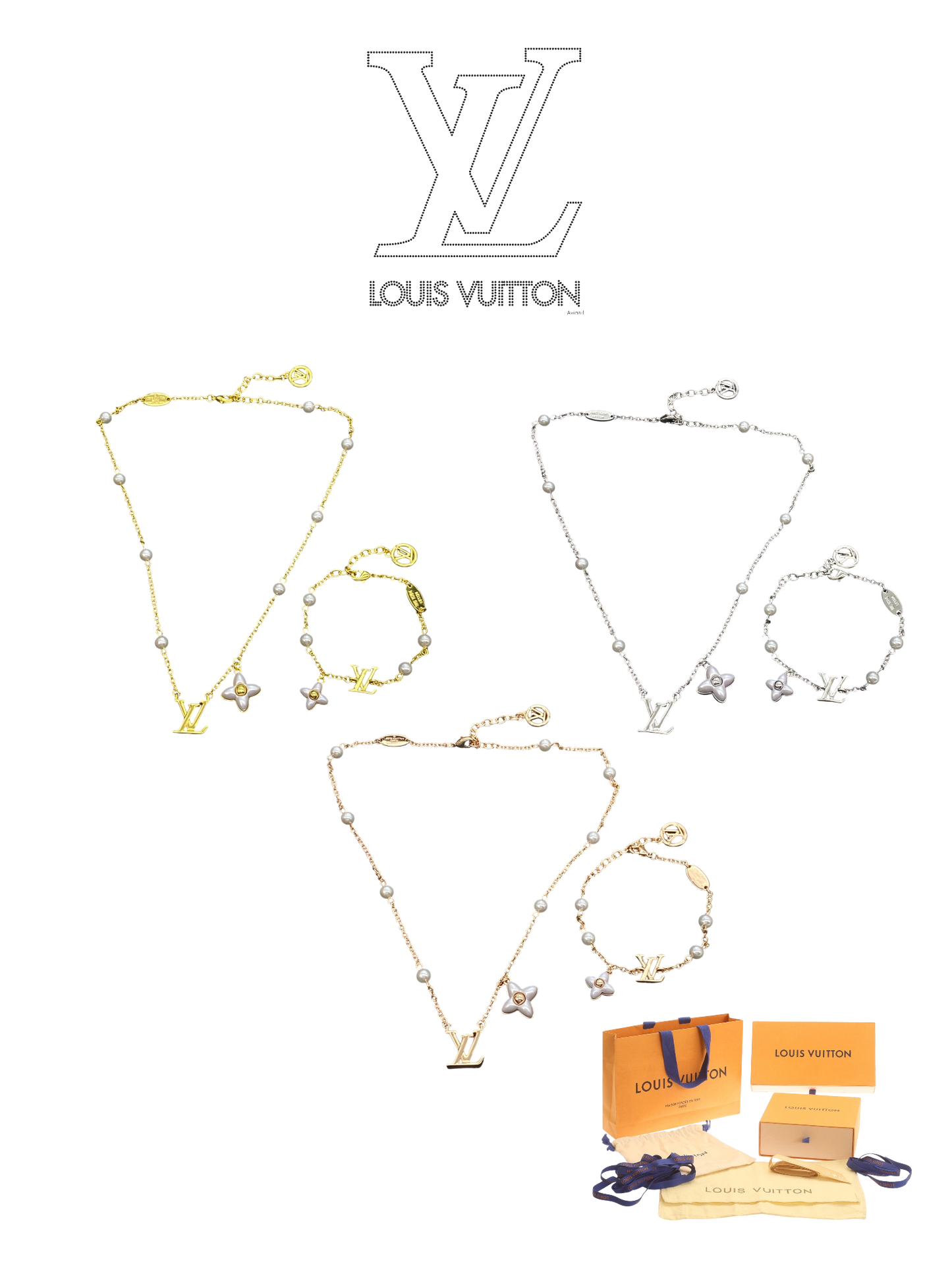 LOUIS VUITTON COLOR BLOSSOM PEARL NECKLACE & BRACELET SET – FULL SET – 1:1 HIGH END