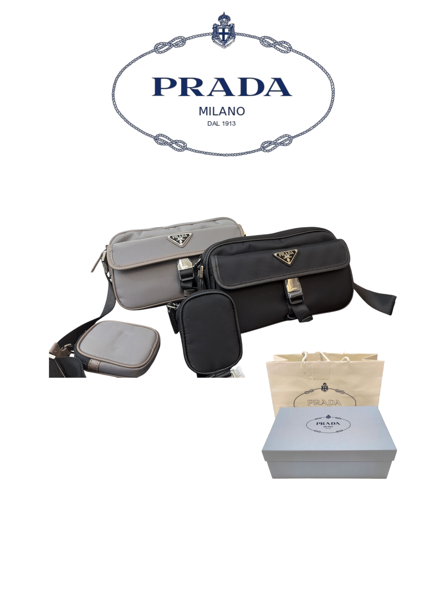 PRADA RE-NYLON LEATHER-TRIMMED SHOULDER BAG – FULL SET – 1:1 HIGH END