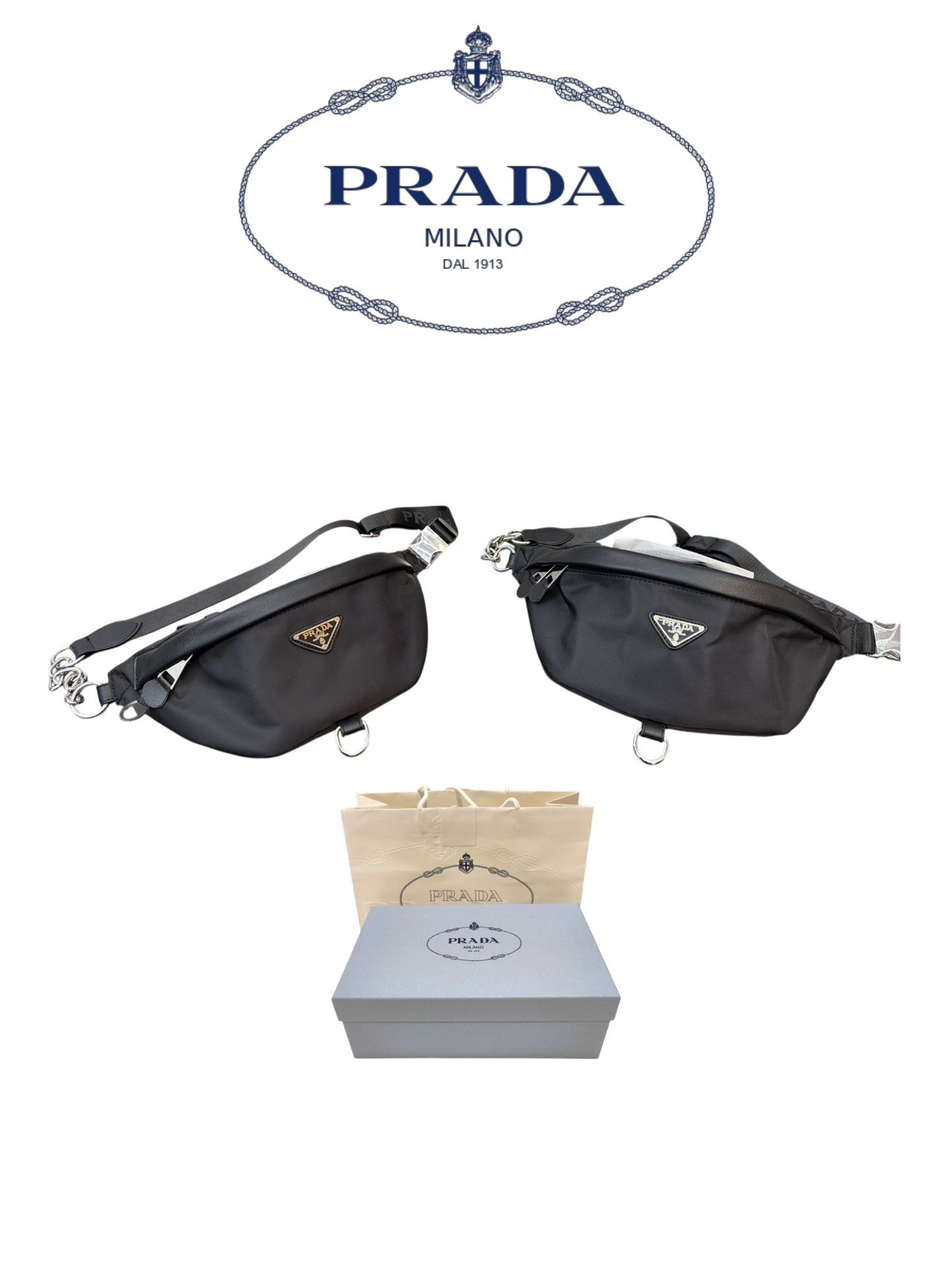 PRADA NYLON AND SAFFIANO LEATHER BELT BAG – SILVER / GOLD LOGO – FULL SET – 1:1 HIGH END