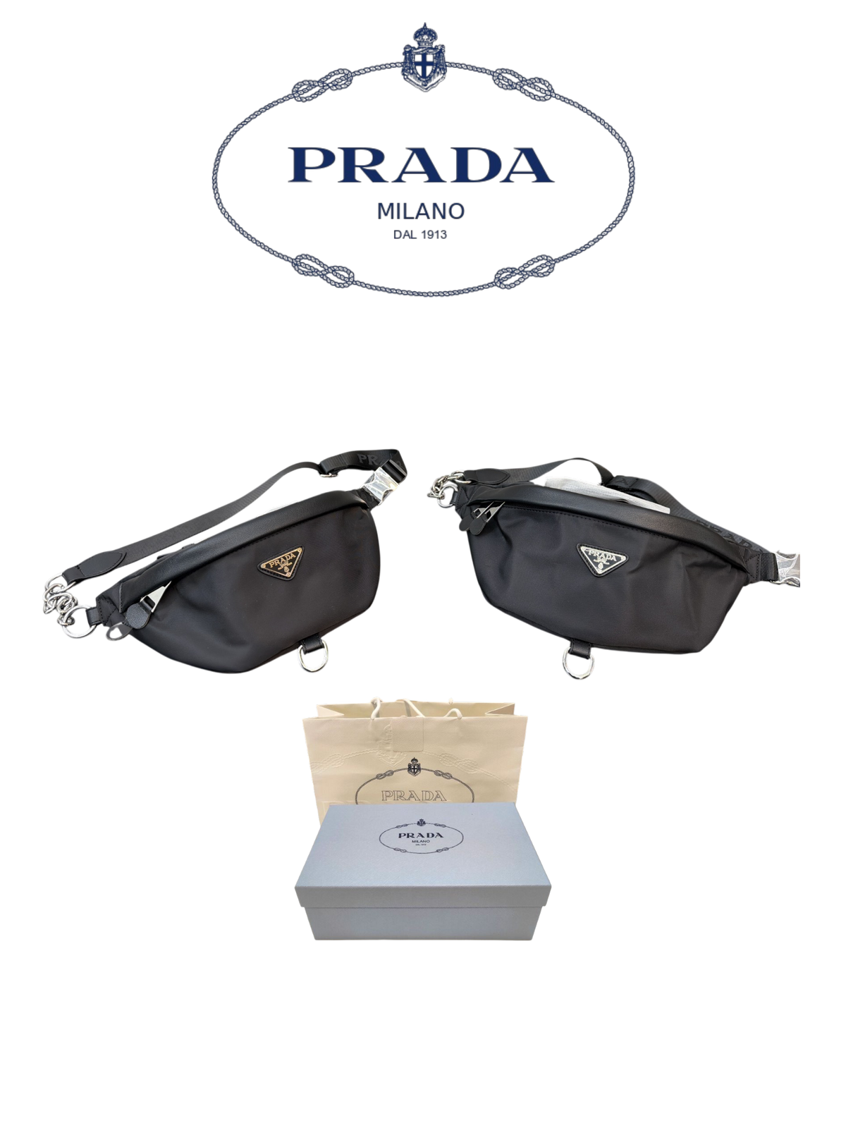PRADA NYLON AND SAFFIANO LEATHER BELT BAG – SILVER / GOLD LOGO – FULL SET – 1:1 HIGH END