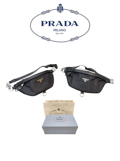 PRADA NYLON AND SAFFIANO LEATHER BELT BAG – SILVER / GOLD LOGO – FULL SET – 1:1 HIGH END